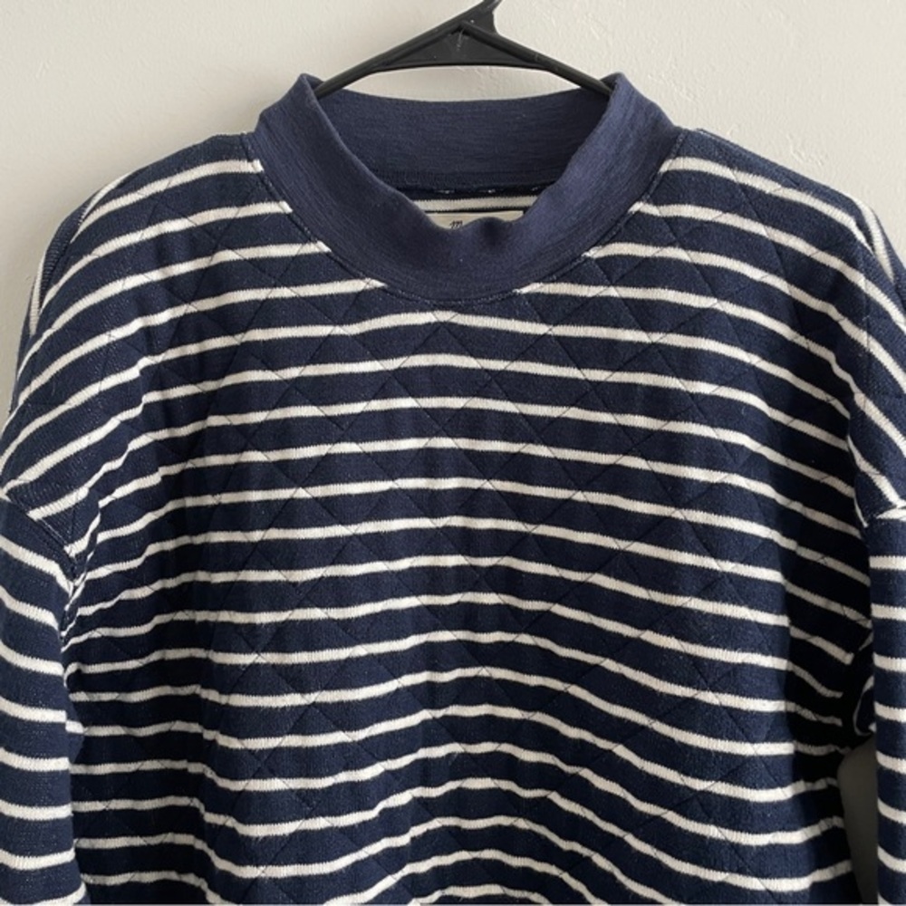 16. Madewell Navy Blue and White Quilted Long-Sleeve Sweater